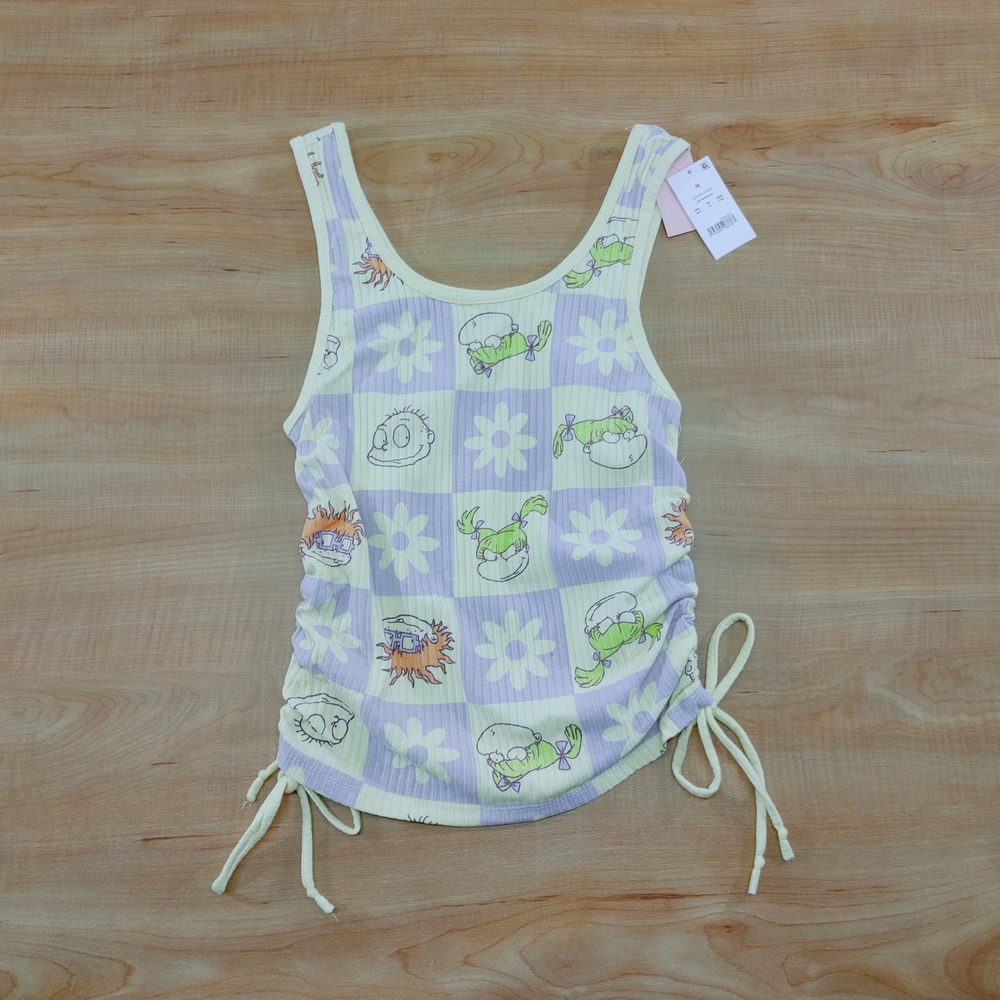 Nickelodeon Rugrats Print Tank Top‎ Lilac Yellow Checkered Ruched Sides Size M